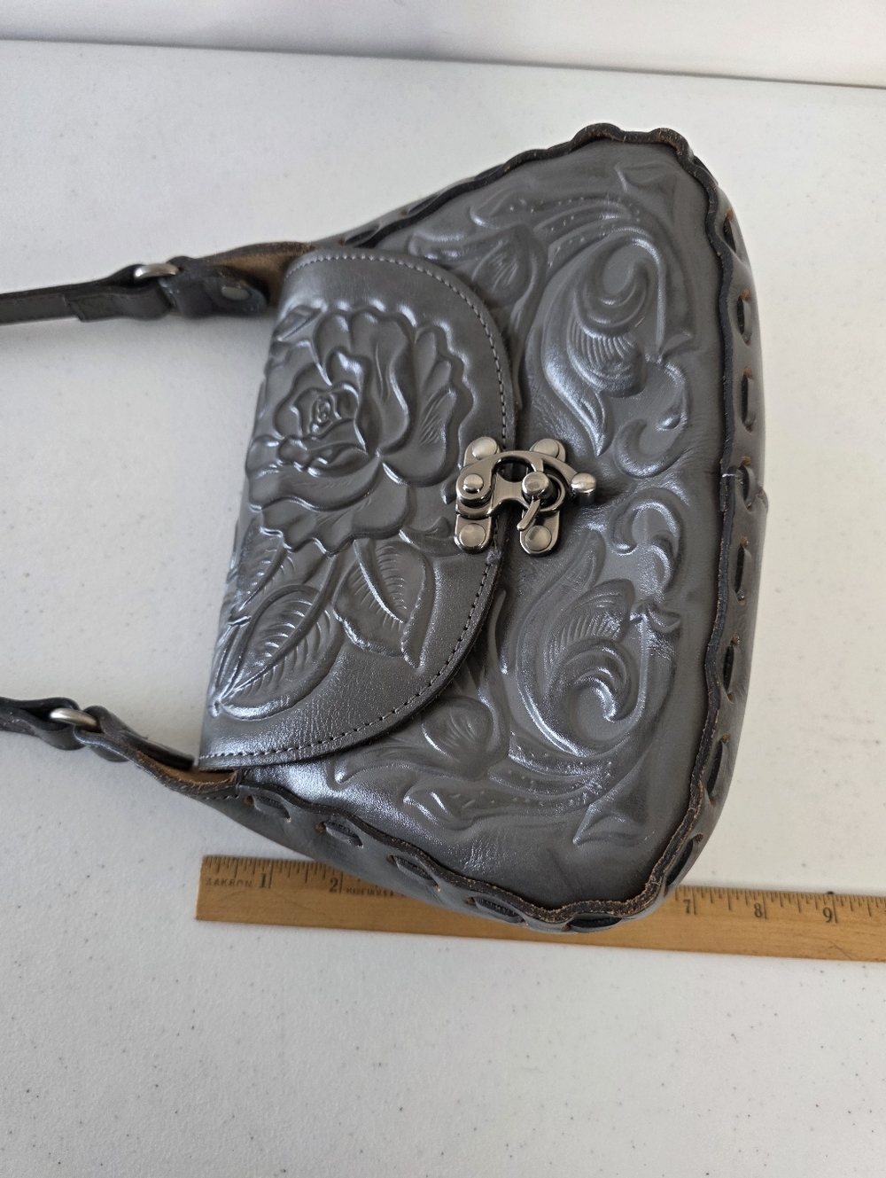 Patricia Nash Metallic Gray Tooled Leather Crossbody Bag - Picture 13 of 15